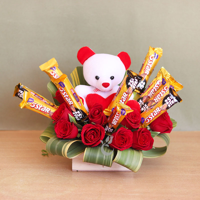 send red roses teddy five star chocolates bouquet delivery